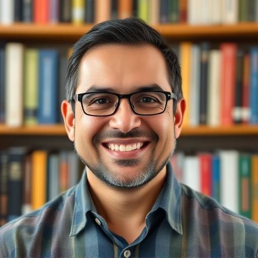 Foto de Carlos Roberto Silva, coordenador pedag√≥gico da Diction Cursos, sorrindo em frente a uma estante de livros.