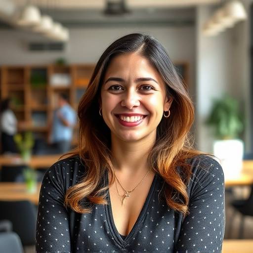 Foto de Isabela Ferreira Santos, gerente de marketing da Diction Cursos, sorrindo em um ambiente de coworking.