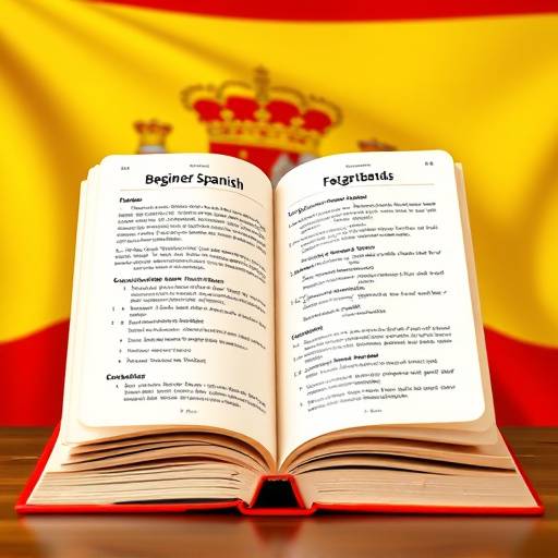 Livro de espanhol para iniciantes com a bandeira da Espanha ao fundo